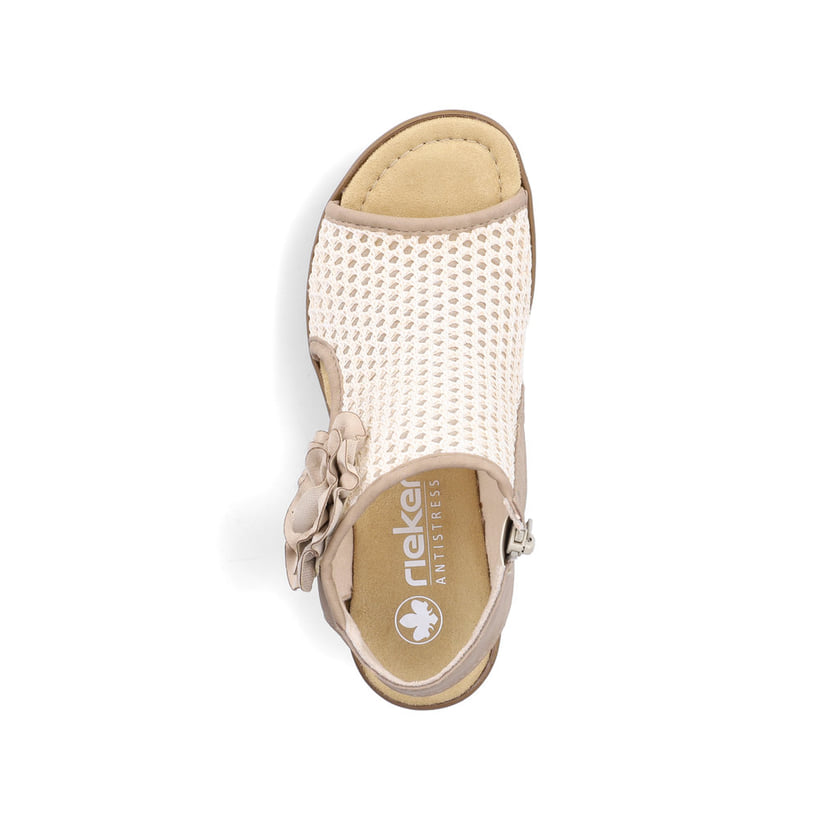 Beige Rieker Keilsandaletten 68180-60 mit dekorativer Blume sowie Reißverschluss. Schuh von oben.