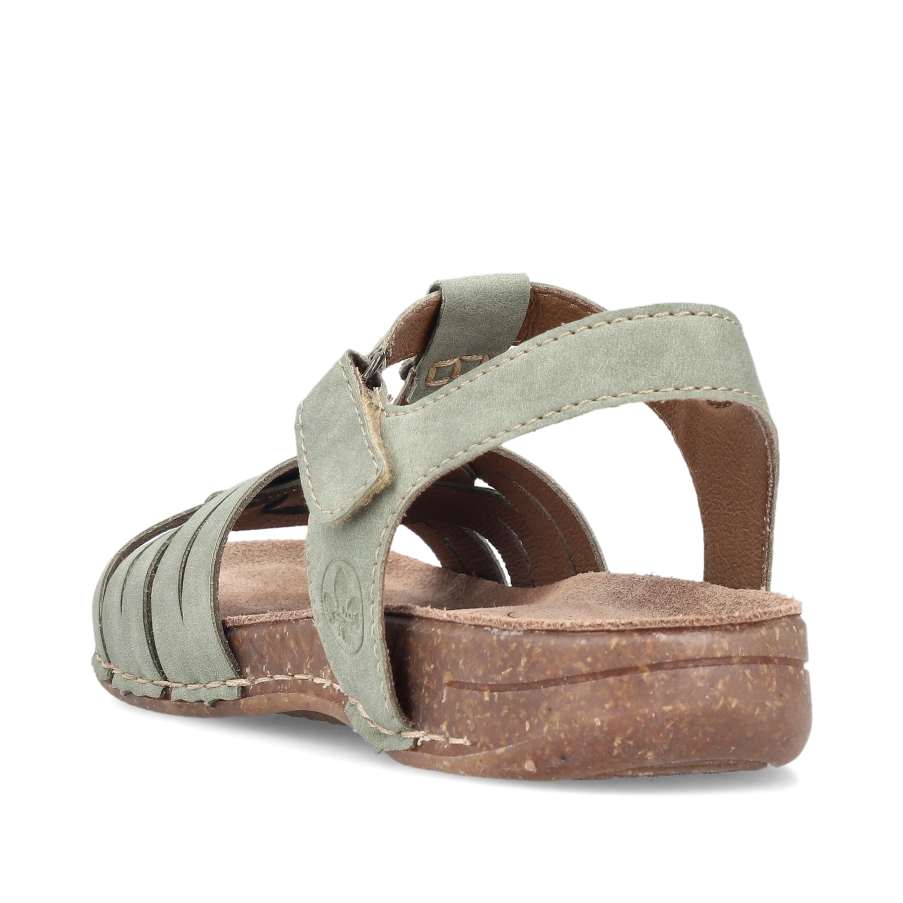 Grüne Rieker Damen Riemchensandalen 61461-52 mit einem Klettverschluss. Schuh von hinten.