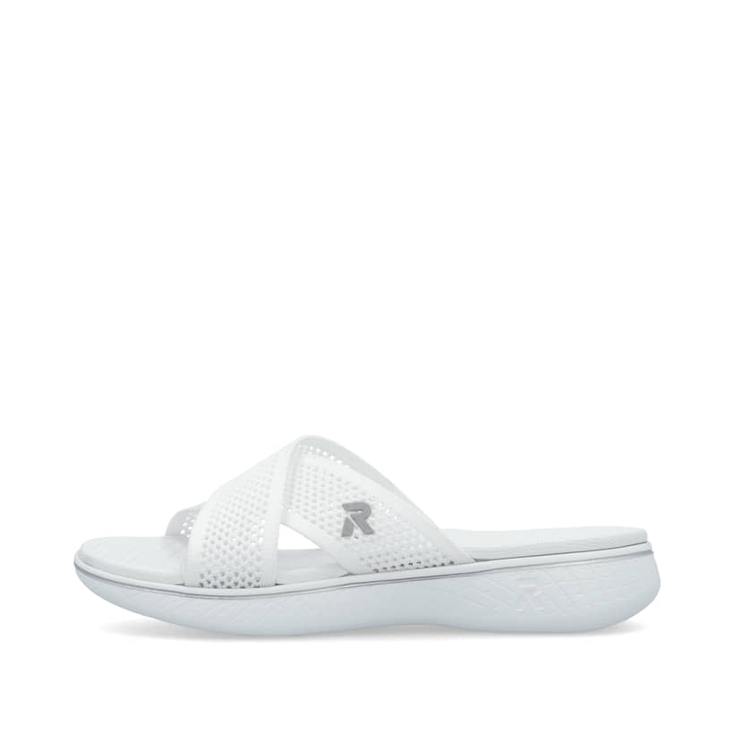 Weiße vegane Rieker Damen Pantoletten V2105-80 mit einer ultraleichten Sohle. Schuh Außenseite.