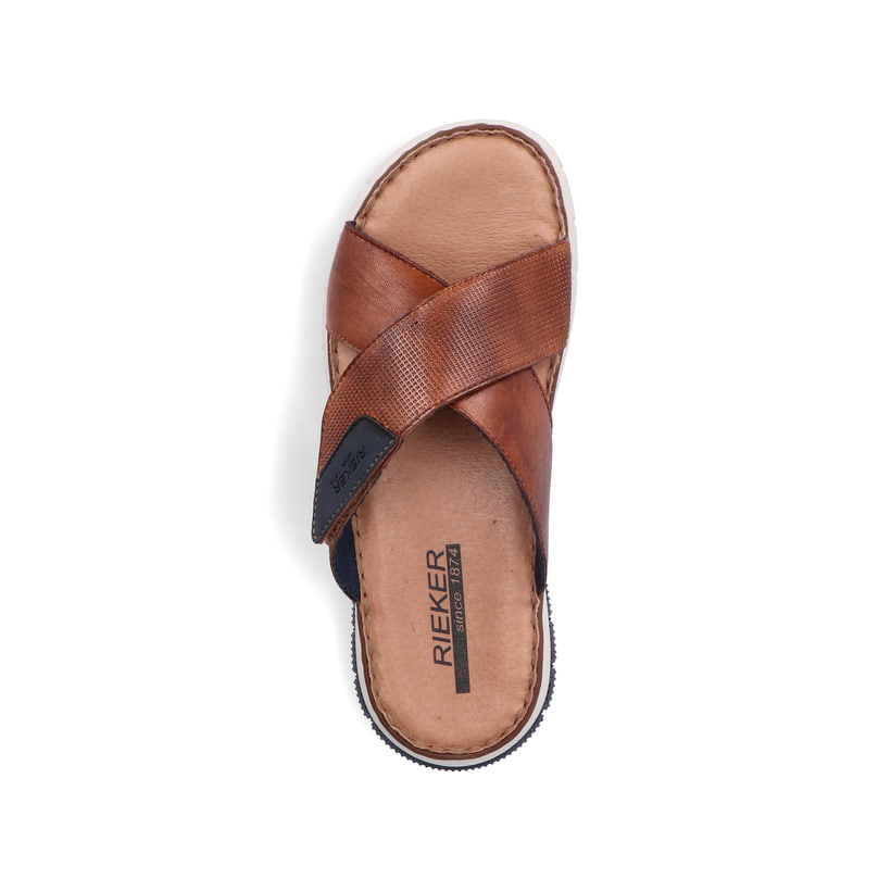 Braune Rieker Herren Pantoletten 25283-23 mit einem Klettverschluss. Schuh von oben.