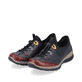 
Azurblaue Rieker Damen Slipper N3271-35 mit Gummizug sowie einer leichten Sohle. Schuhpaar schräg.
