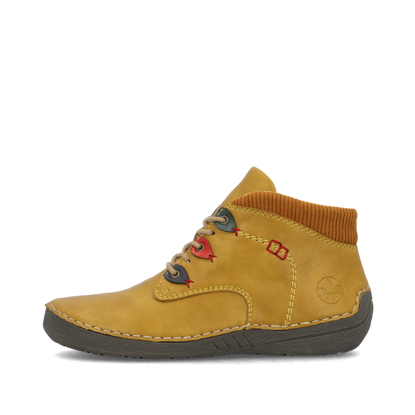Ockerfarbene Rieker Damen Kurzstiefel 52544-68 mit farbenfrohen Details. Schuh Außenseite.