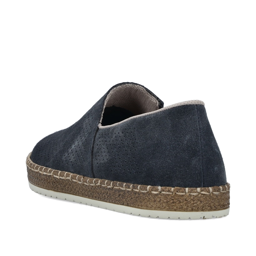 Blaue Rieker Herren Slipper B5285-14 mit einem Gummizug sowie Komfortweite G 1/2. Schuh von hinten.