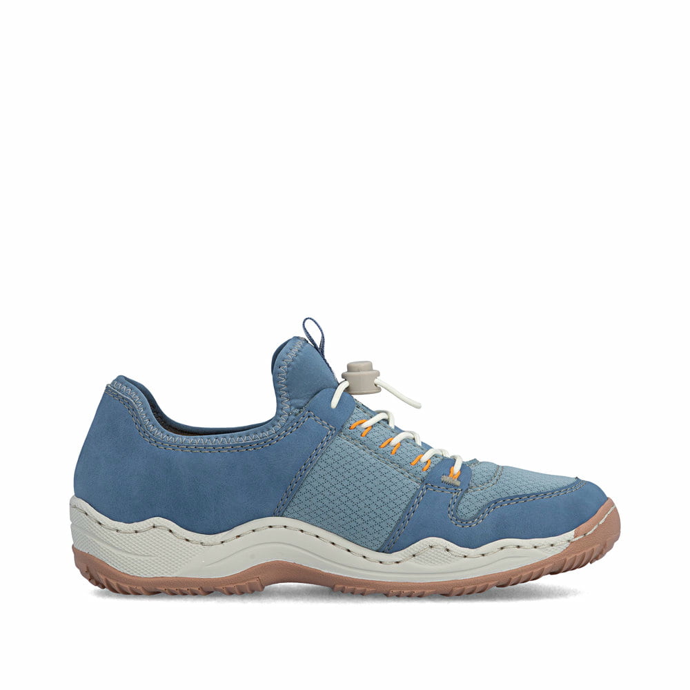 Blaue Rieker Damen Slipper L0593-12 mit einem Gummizug. Schuh Innenseite.