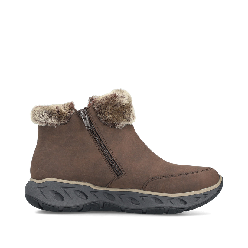 Braune Rieker Damen Kurzstiefel M6560-25 mit Fellkragen sowie Reißverschluss. Schuh Innenseite.
