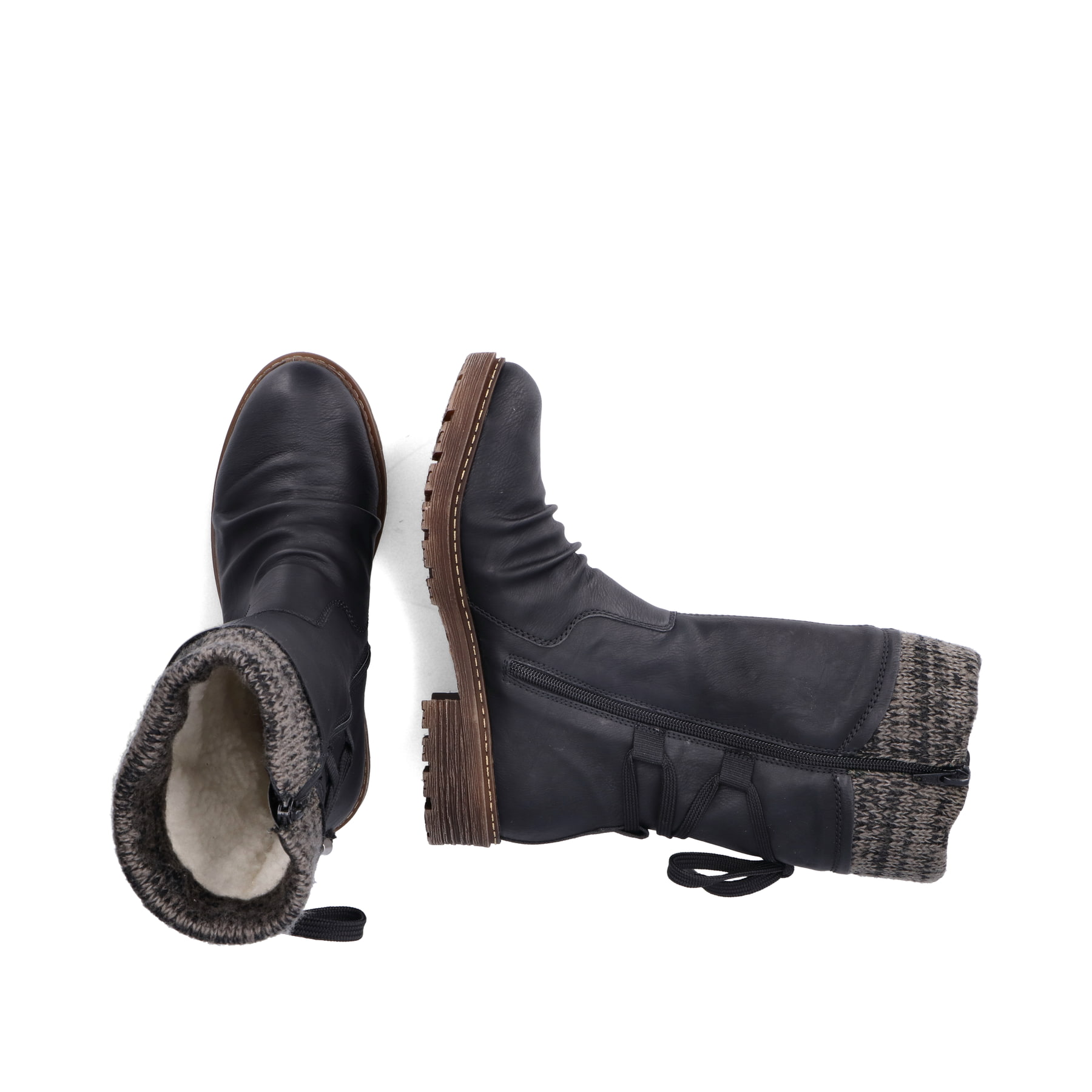 Schwarze Rieker Damen Kurzstiefel Z4773-01 mit wasserabweisender TEX-Membran. Schuh von oben, liegend.