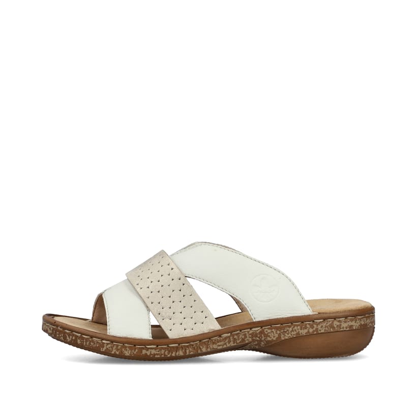 Weiße Rieker Damen Pantoletten 62897-80 in Löcheroptik. Schuh Außenseite.