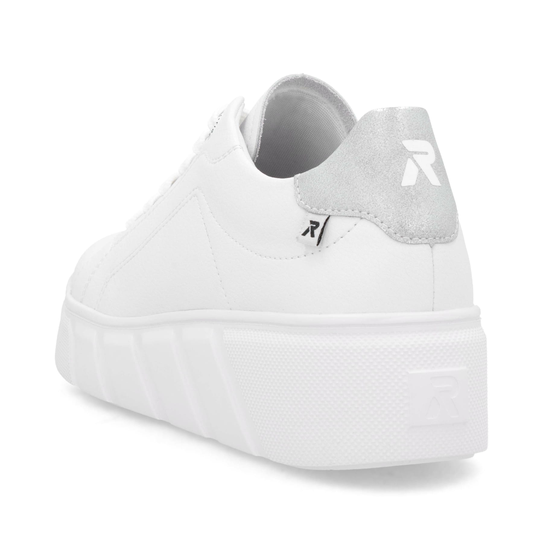 Weiße Rieker Damen Sneaker Low W2601-80 mit einer Schnürung. Schuh von hinten.
