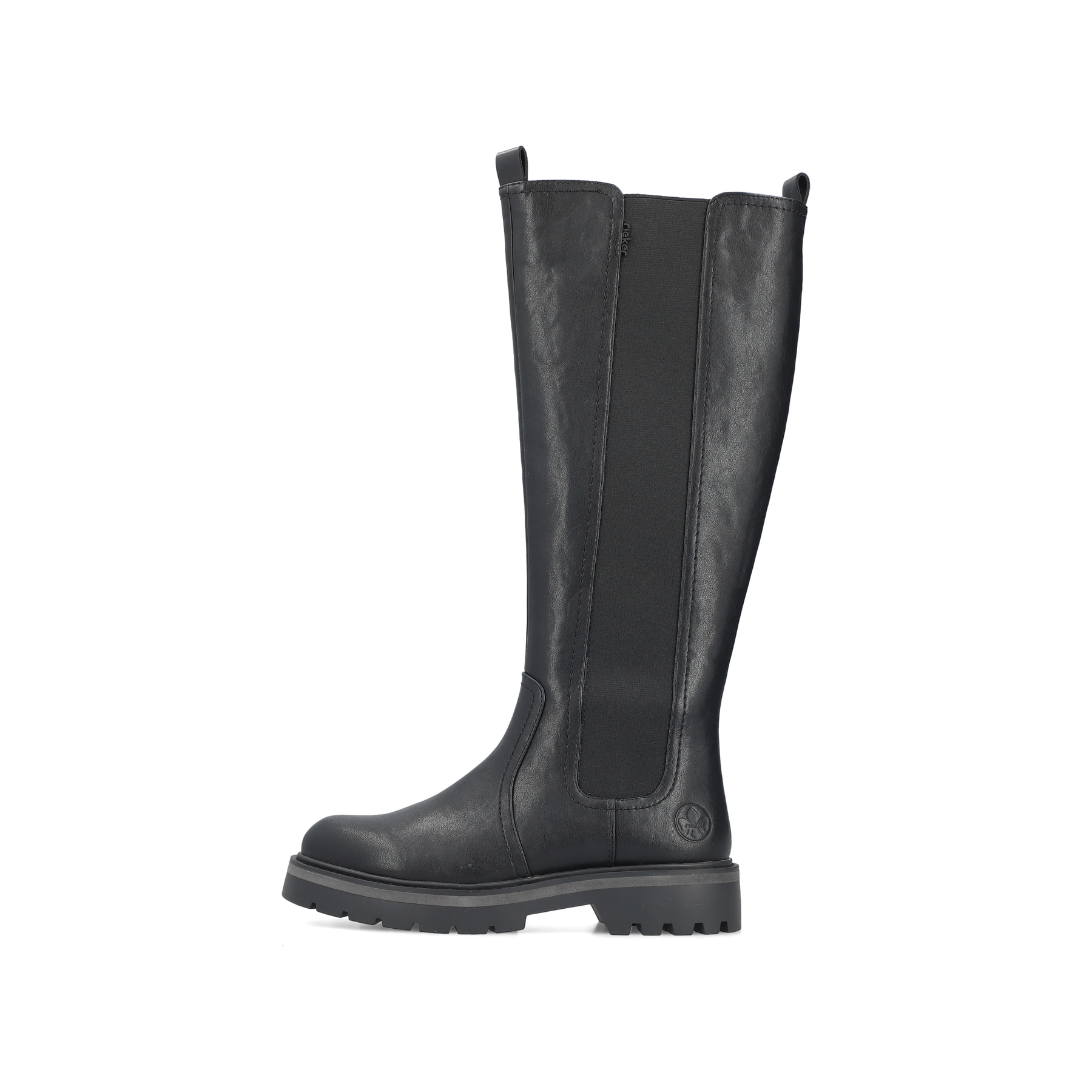 Schwarze Rieker Damen Hochschaftstiefel 91590-00 mit einem Reißverschluss. Schuh Außenseite.