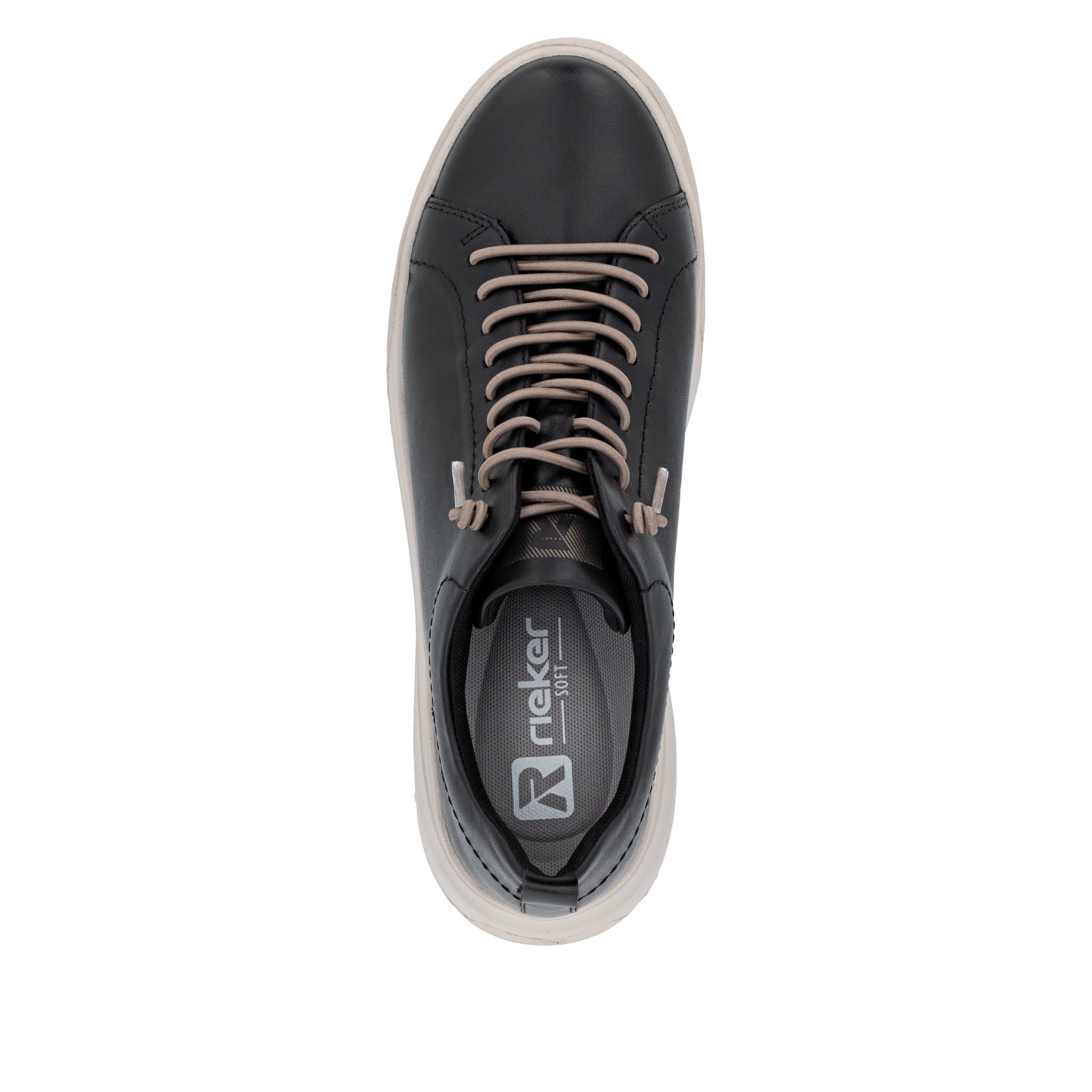 Schwarze Rieker Damen Sneaker Low W2301-00 aus Glattleder mit einer Schnürung. Schuh von oben.