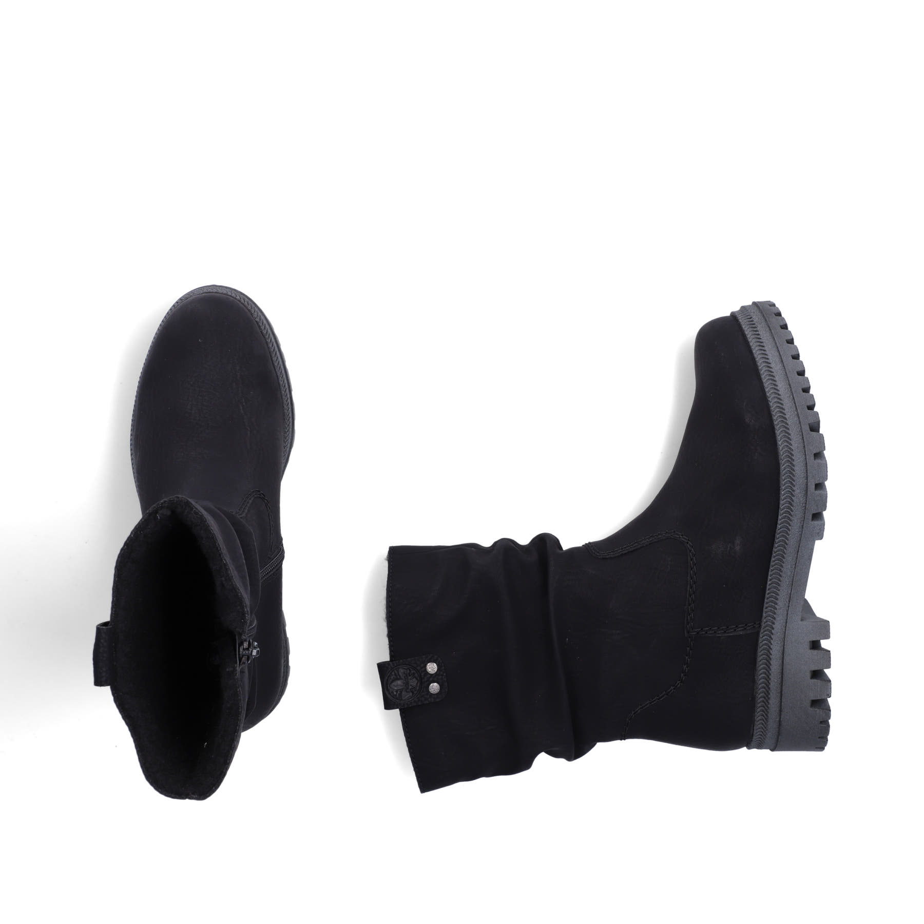 Schwarze Rieker Damen Kurzstiefel Y7681-00 mit gerafftem Schaft. Schuh von oben, liegend.