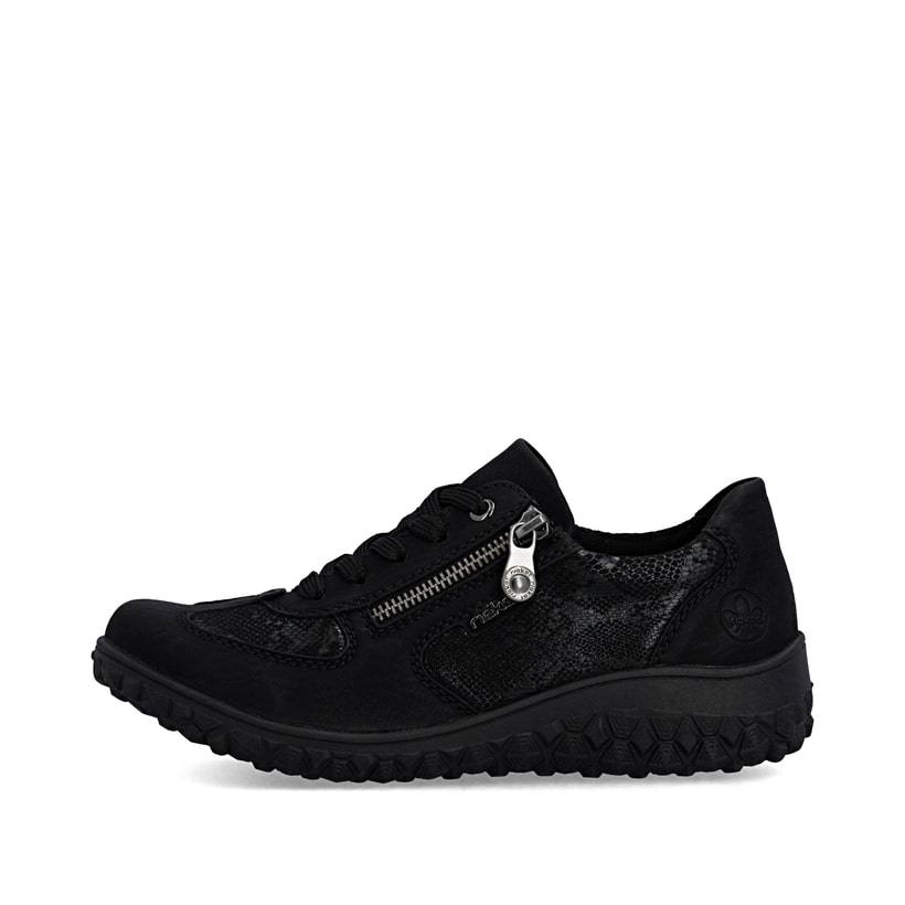 Baskets basses Rieker noires pour femmes 59501-00 avec fermeture éclair. Côté extérieur de la chaussure.