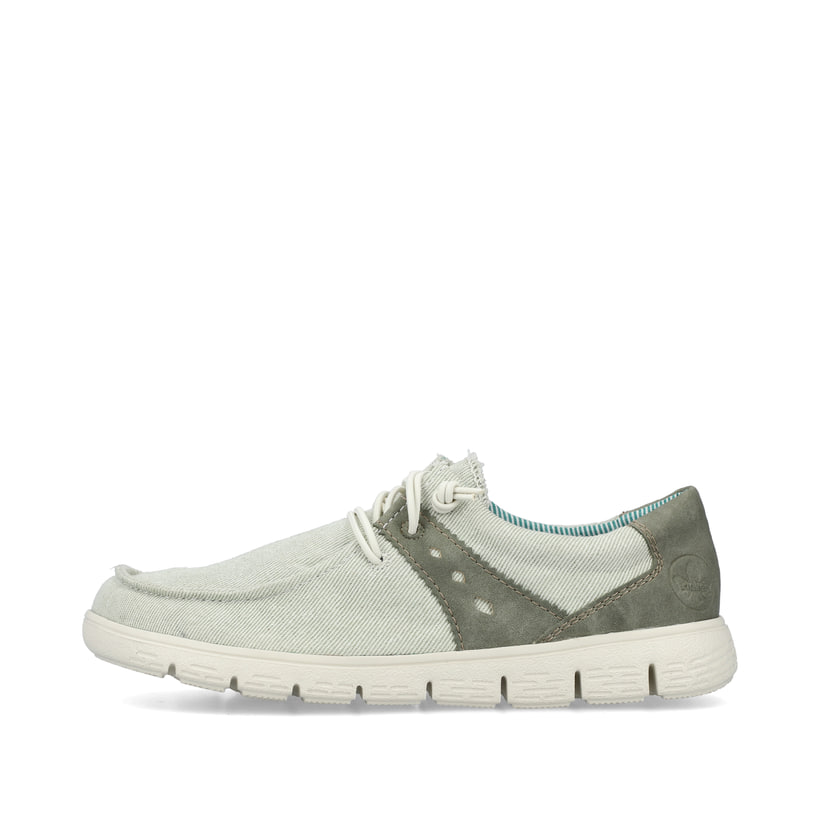 Mintgrüne vegane Rieker Damen Slipper 44000-52 mit einer Gummischnürung. Schuh Außenseite.