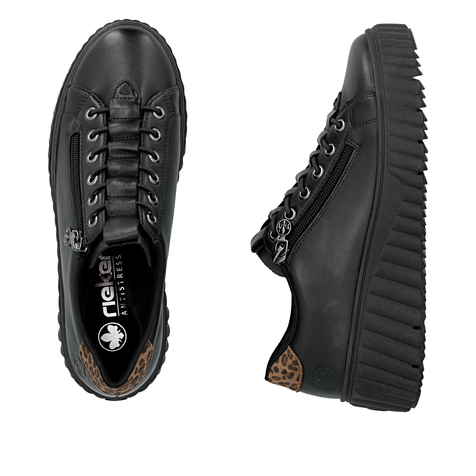 Schwarze Rieker Damen Sneaker Low N2555-01 aus Glattleder mit Reißverschluss. Schuh von oben, liegend.