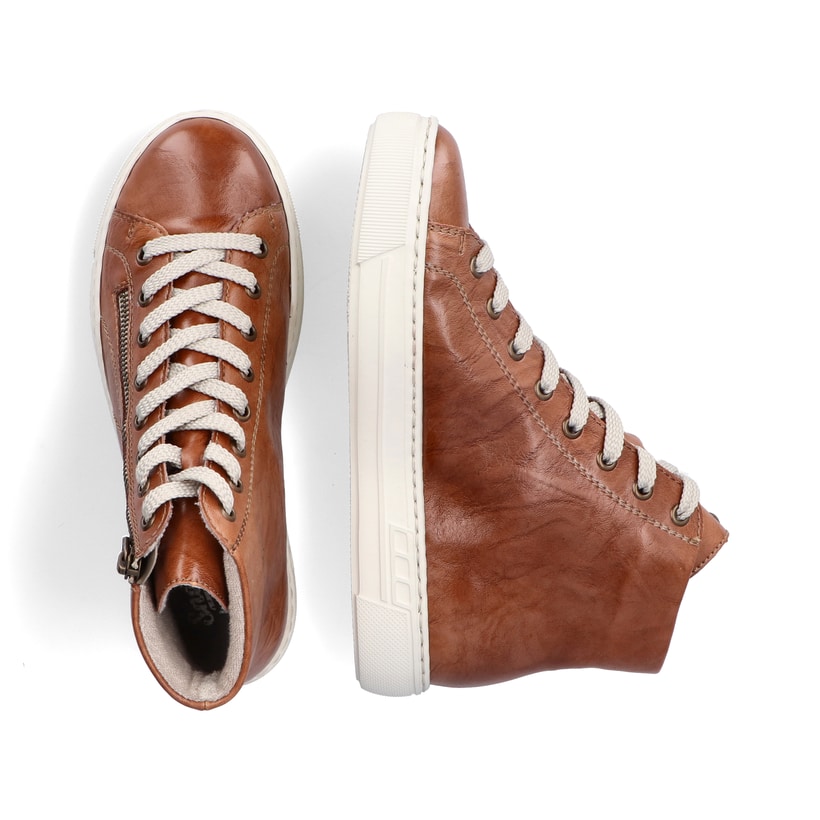 
Fuchsbraune Rieker Damen Schnürstiefel L9880-24 mit Schnürung und Reißverschluss. Schuhpaar von oben.