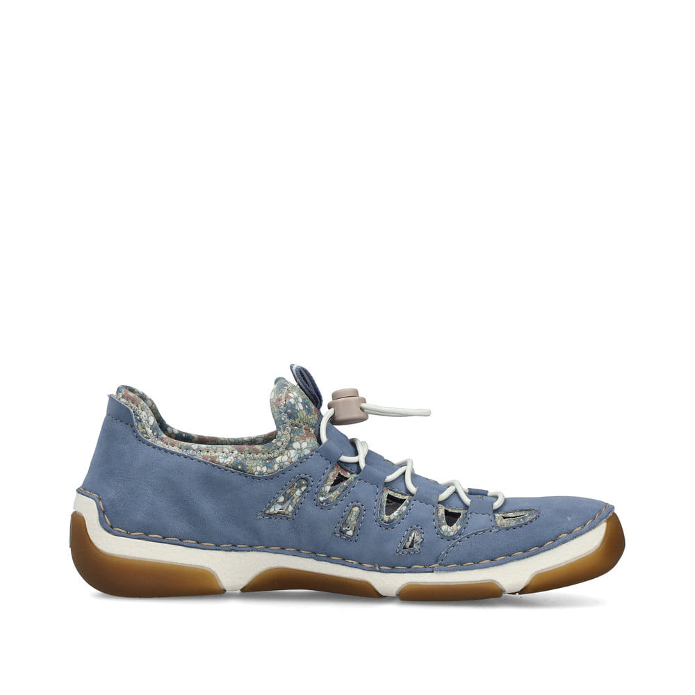 Blaue Rieker Damen Slipper 55956-10 mit raffinierten Cut-Outs sowie Gummizug. Schuh Innenseite.