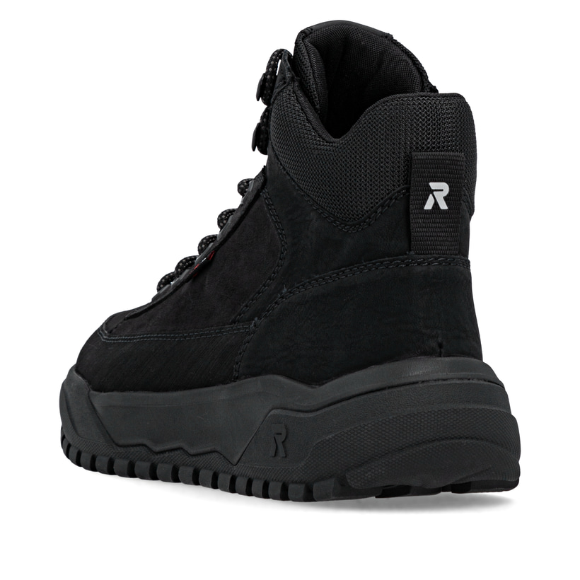 Schwarze Rieker Herren Schnürstiefel U1571-00 mit wasserabweisender TEX-Membran. Schuh von hinten.