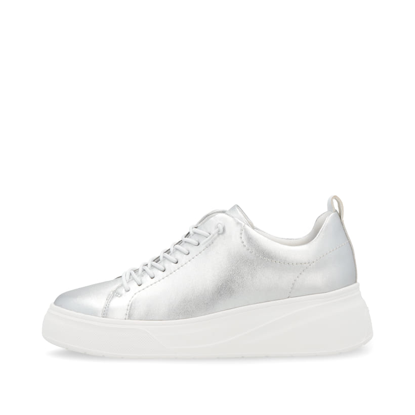 Silberne Rieker Damen Sneaker Low W2301-90 mit einer Gummischnürung. Schuh Außenseite.