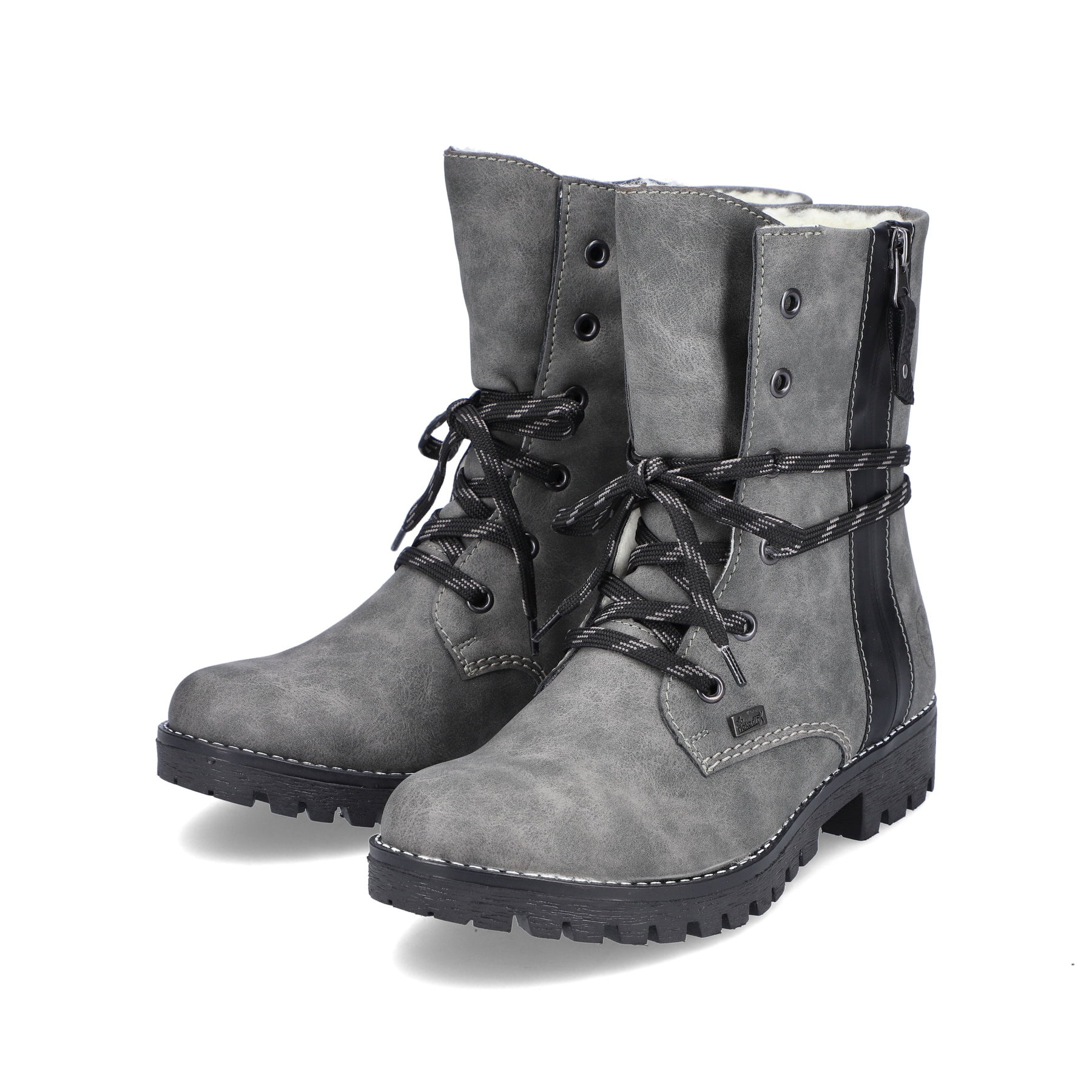 
Mondgraue Rieker Damen Schnürstiefel 785K0-45 mit Schnürung und Reißverschluss. Schuhpaar schräg.