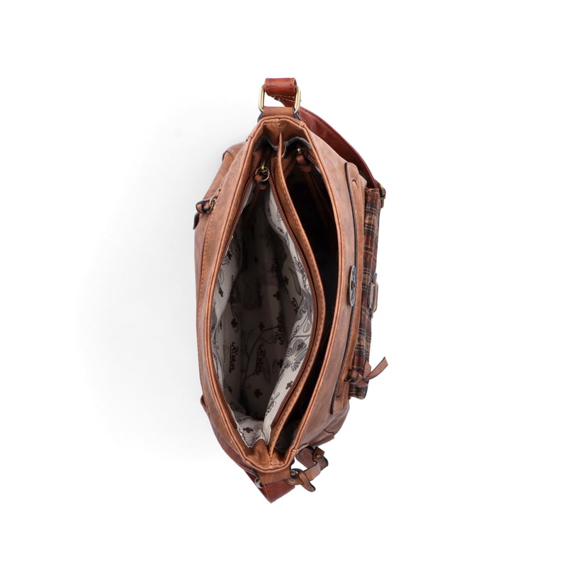 Sac Ã  main Rieker H1340-22 en marron avec design Ã  carreaux, pendentif stylé, fermeture éclair et poche pour téléphone portable. Ouvert.