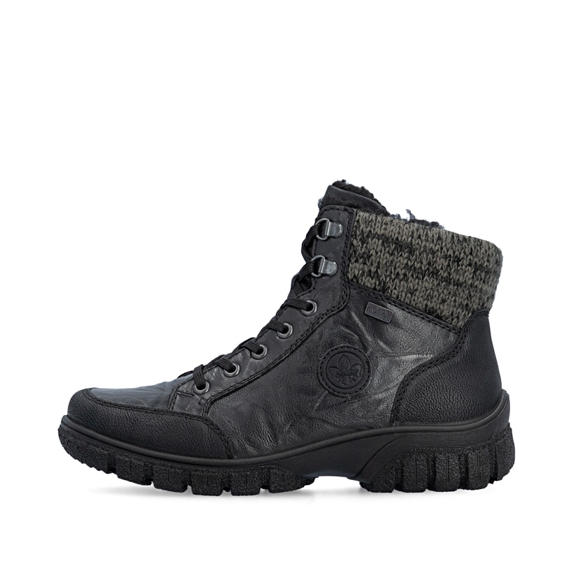 Schwarze Rieker Damen Schnürstiefel Z7230-00 aus Glattleder. Schuh Außenseite.