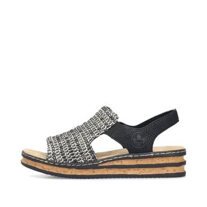 Schwarze Rieker Keilsandaletten 62971-00 mit einem Gummizug. Schuh Außenseite.