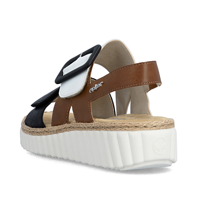 Sandales compensées Rieker multicolores pour femme 69260-91. Chaussure vue de l'arrière.