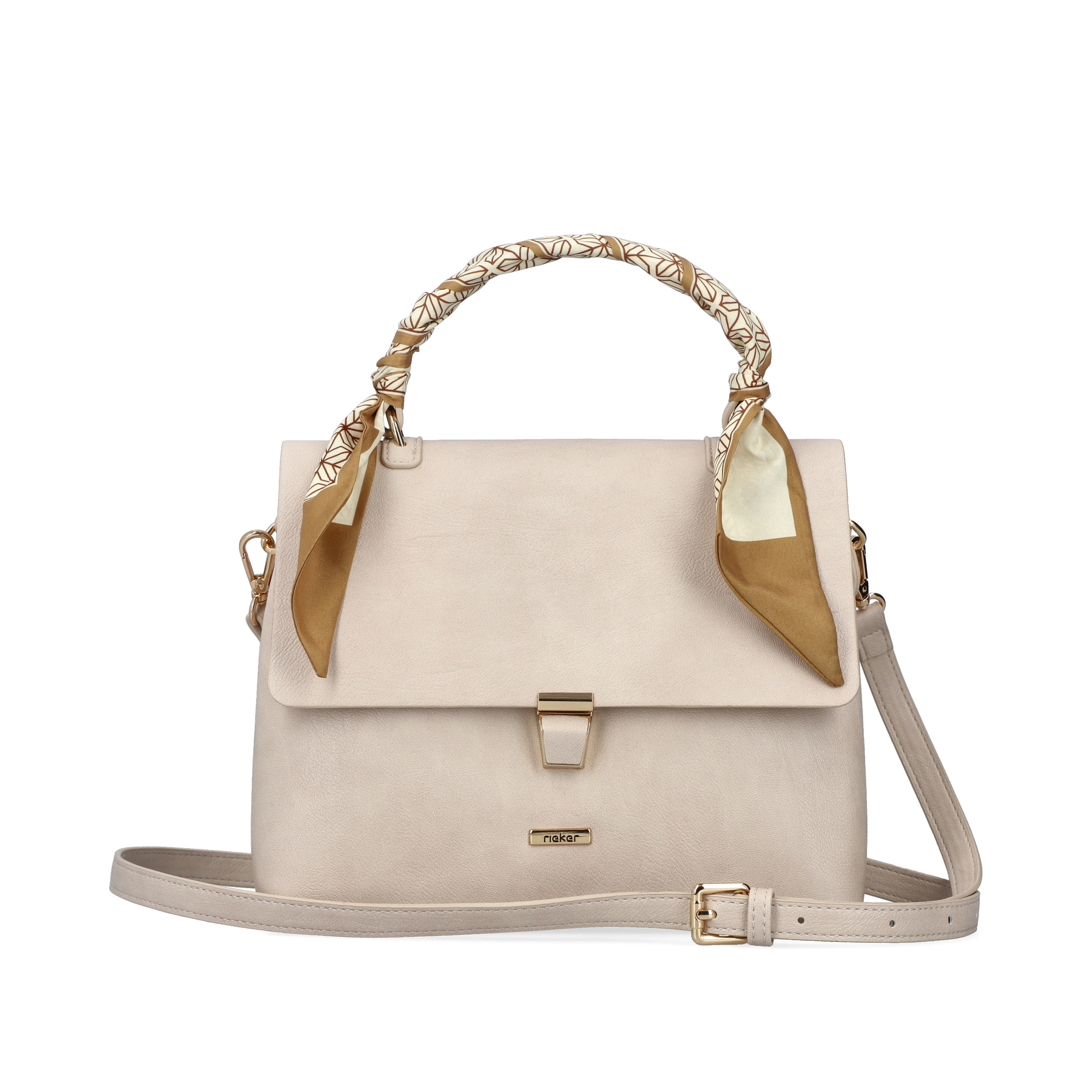 Sac à main Rieker H1605-60 beige avec bande décorative sur l'anse et fermeture éclair. Face avant.