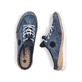 Blaue Rieker Damen Clogs N4210-14 mit einem Gummizug. Schuh von oben, liegend.
