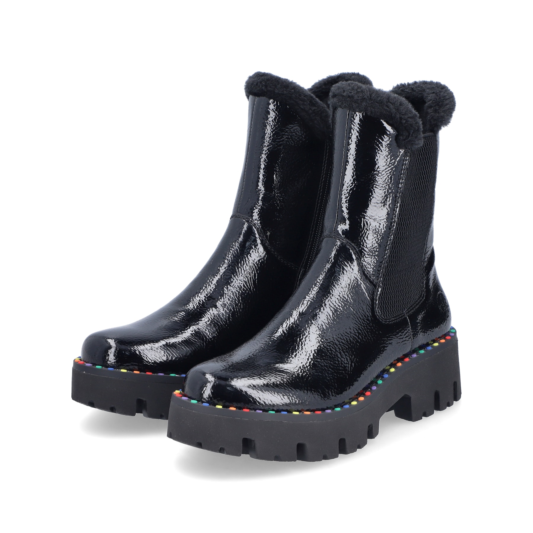 Schwarze Rieker Damen Chelsea Boots Y3350-00 mit einem Reißverschluss. Schuhpaar seitlich schräg.