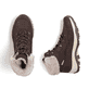 Dunkelbraun-beige Rieker Damen Schnürstiefel M9610-25 mit weichem Kragen. Schuh von oben, liegend.