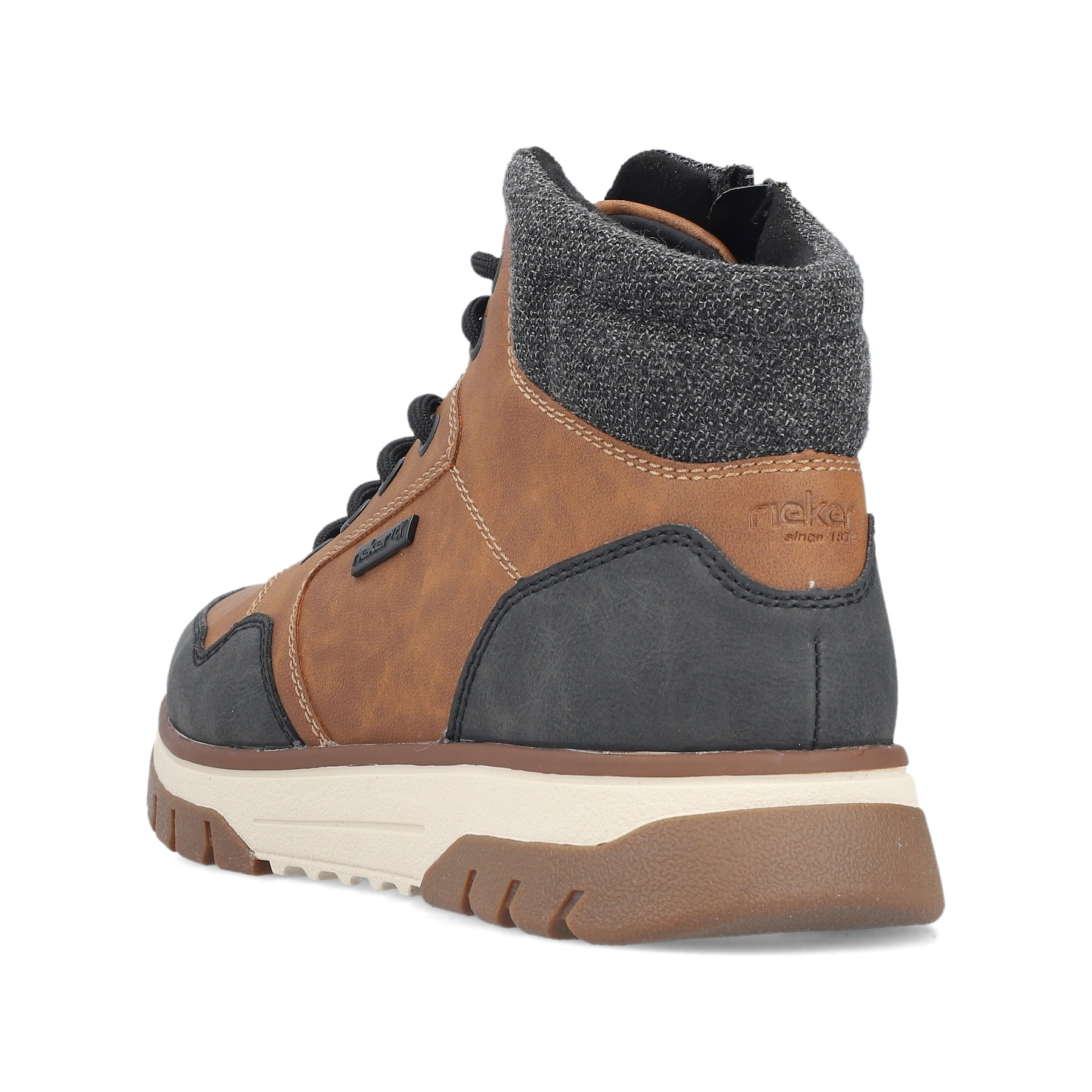 Braune Rieker Herren Schnürstiefel B9340-24 mit wasserabweisender TEX-Membran. Schuh von hinten.