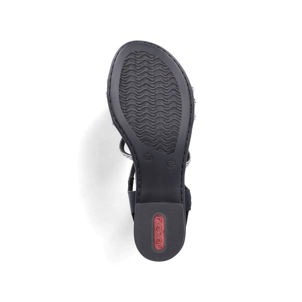 Schwarze vegane Rieker Riemchensandaletten 64970-00 mit Strasssteinen. Schuh Laufsohle.