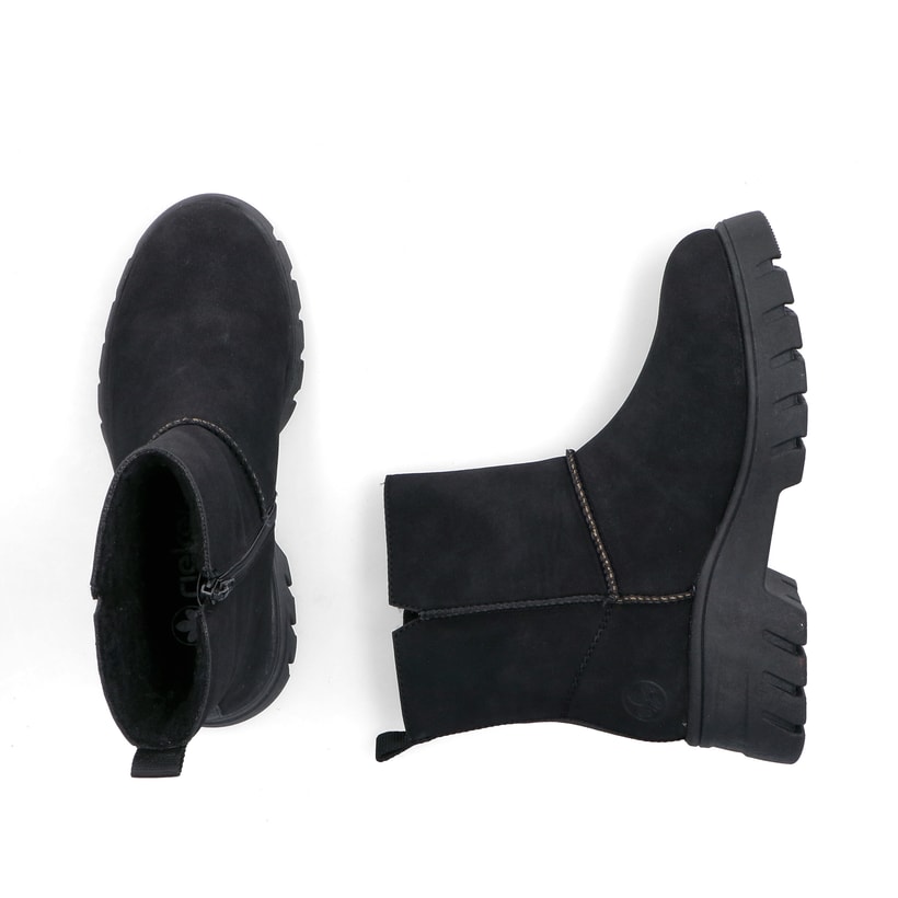 Schwarze Rieker Damen Kurzstiefel 71864-00 mit einem Reißverschluss. Schuh von oben, liegend.