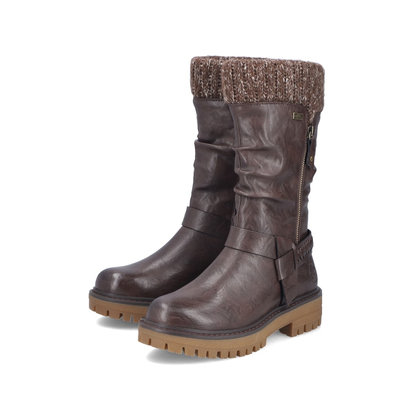 Dunkelbraune Rieker Damen Hochschaftstiefel 92984-25 mit modischer Faltenoptik. Schuhpaar seitlich schräg.