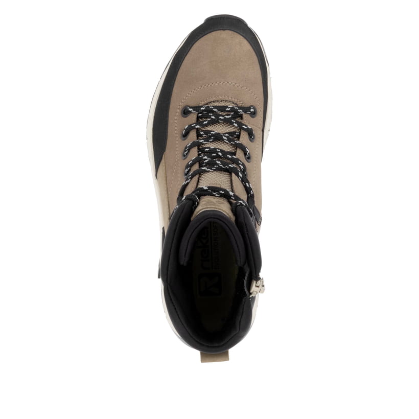 Beige Rieker Damen Schnürstiefel W0071-20 mit wasserabweisender TEX-Membran. Schuh Außenseite gespiegelt.