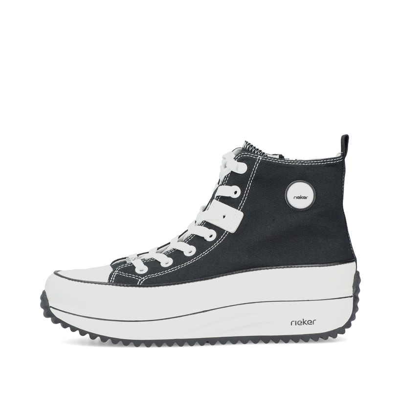 Schwarze Rieker Damen Sneaker High 90010-00 mit einer Plateausohle. Schuh Außenseite.