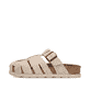 Mules Rieker beiges pour femme V3164-62 en cuir velours avec boucles. Côté extérieur de la chaussure.