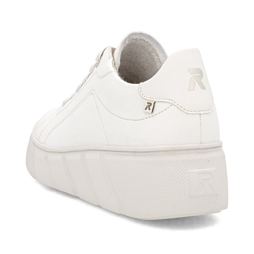 Weiße Rieker Damen Sneaker Low W2601-82 aus Glattleder mit einer Schnürung. Schuh von oben.