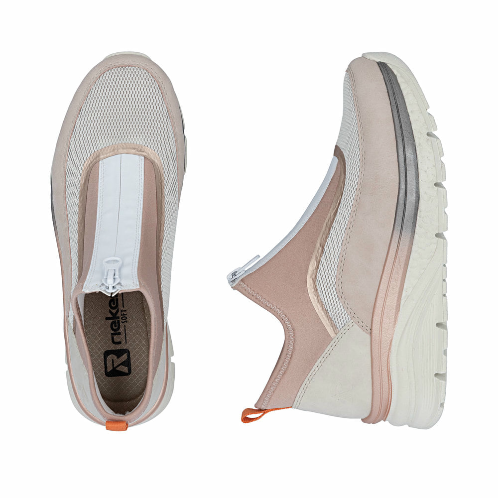 Rosane vegane Rieker Damen Sneaker High 48053-31 mit einem Reißverschluss. Schuh von oben, liegend.