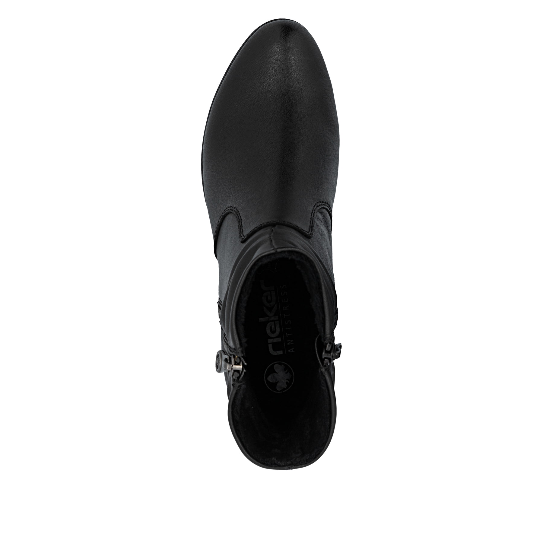 Schwarze Rieker Damen Stiefeletten 78656-00 aus Glattleder mit Reißverschluss. Schuh von oben.