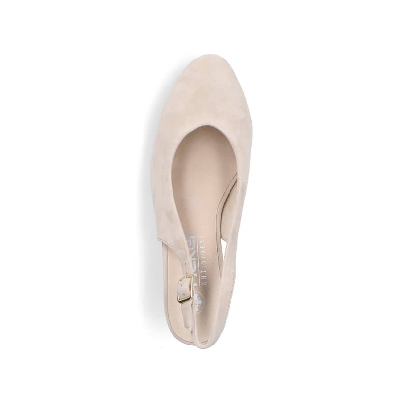Beige Rieker Slingpumps 44651-60 aus Rauleder mit Schnallen. Schuh von oben.