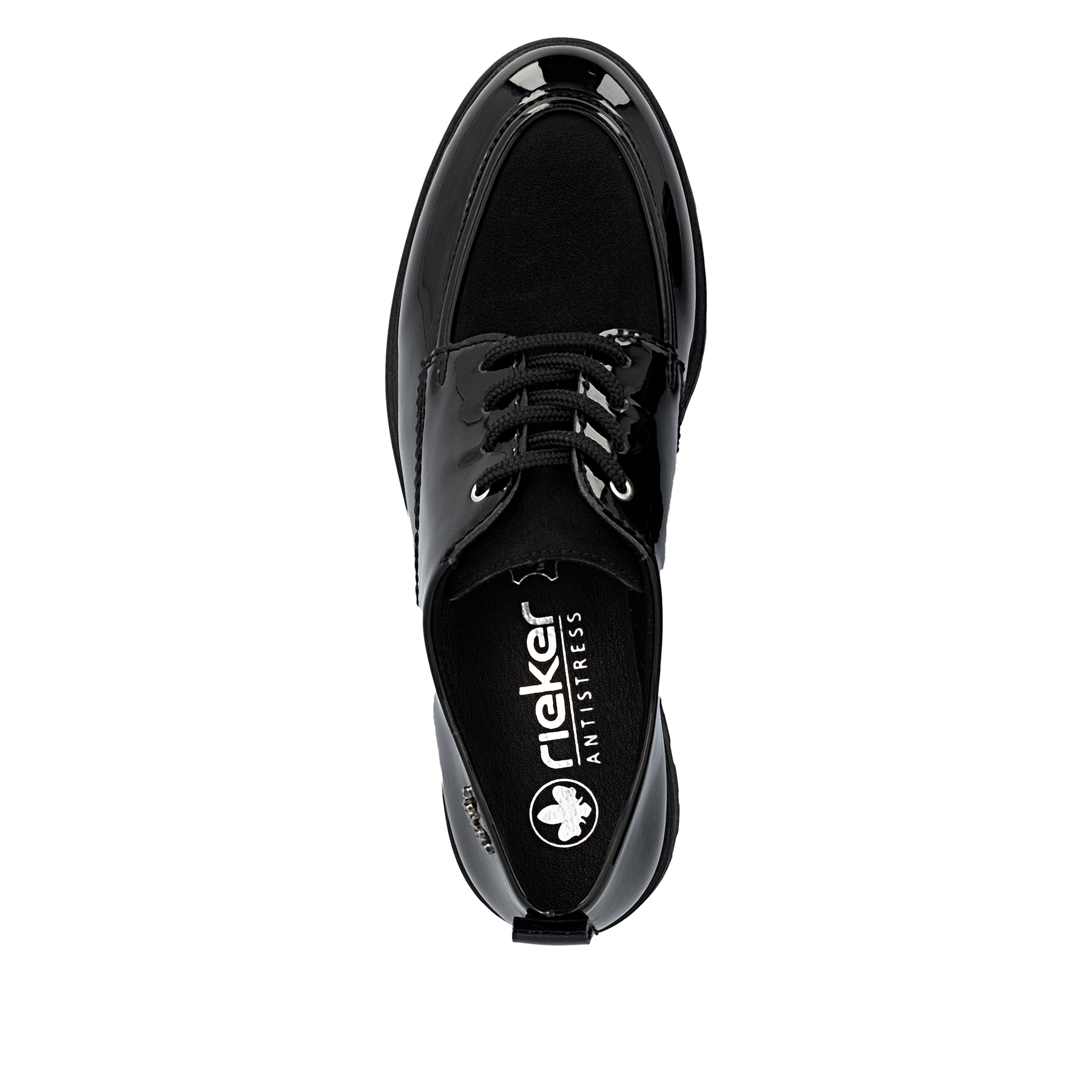 Schwarze Rieker Damen Schnürschuhe 45500-00 mit einer extra weichen Decksohle. Schuh von oben.