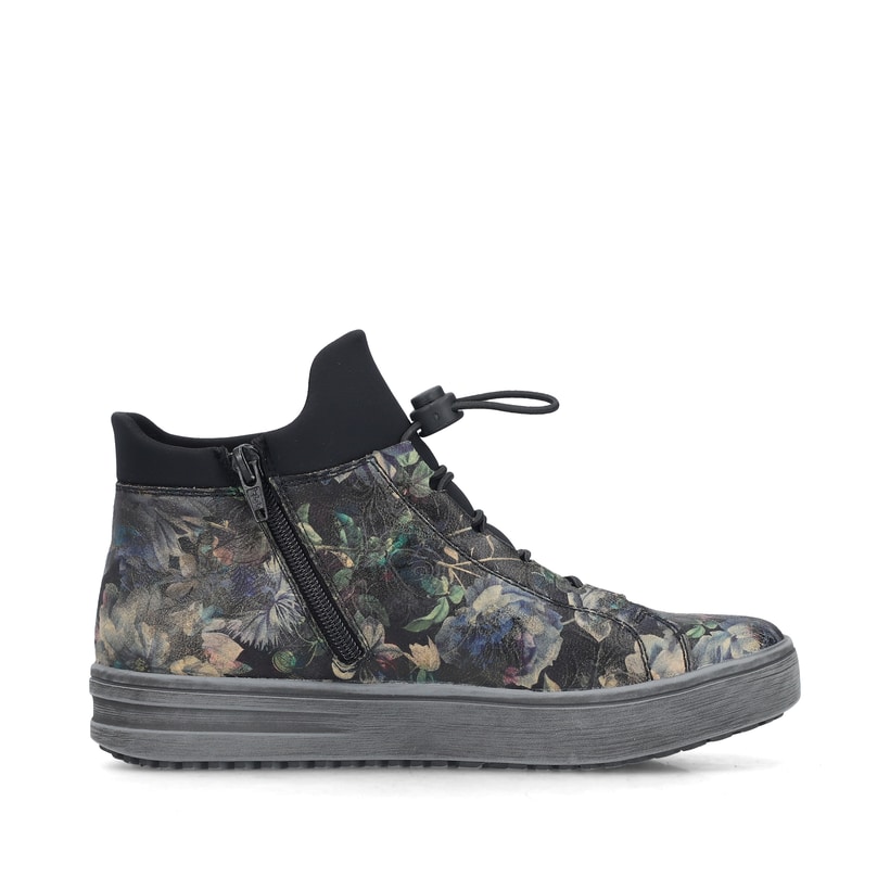 Graue Rieker Damen Kurzstiefel L2550-90 mit floralem Aufdruck. Schuh Innenseite.