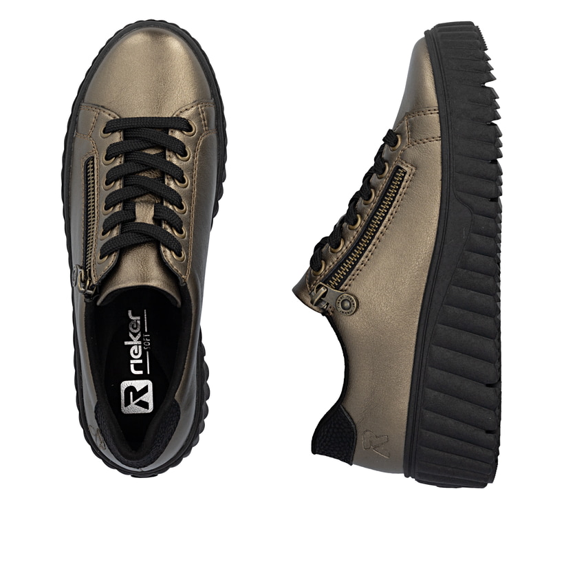 Baskets basses Rieker bronze pour femme N2501-90 en cuir lisse. Chaussure vue de dessus, couchée.