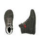 Dunkelgrüne Rieker Damen Schnürstiefel 51545-54 mit einem Reißverschluss. Schuh von oben, liegend.