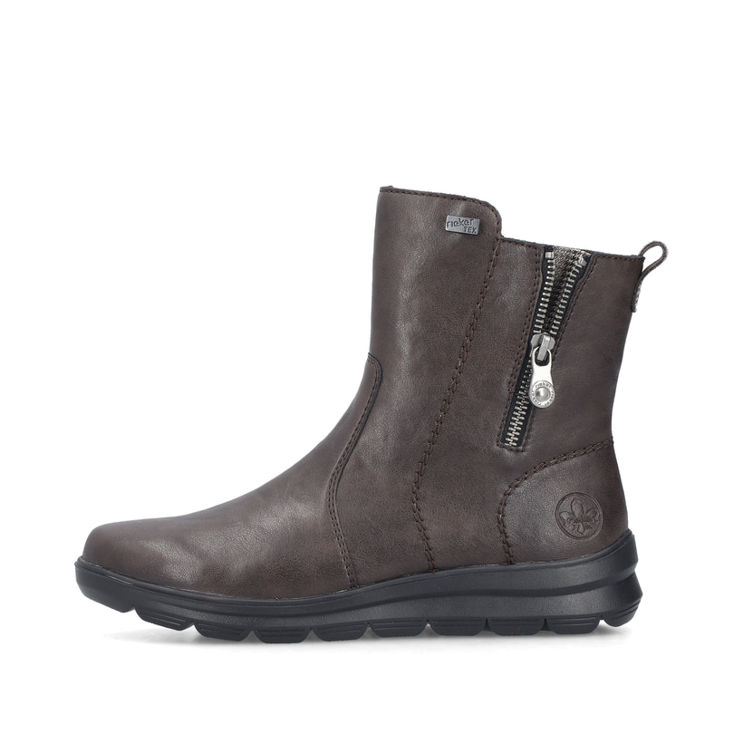 Dunkelbraune Rieker Damen Kurzstiefel Z0074-25 mit wasserabweisender TEX-Membran. Schuh Außenseite.