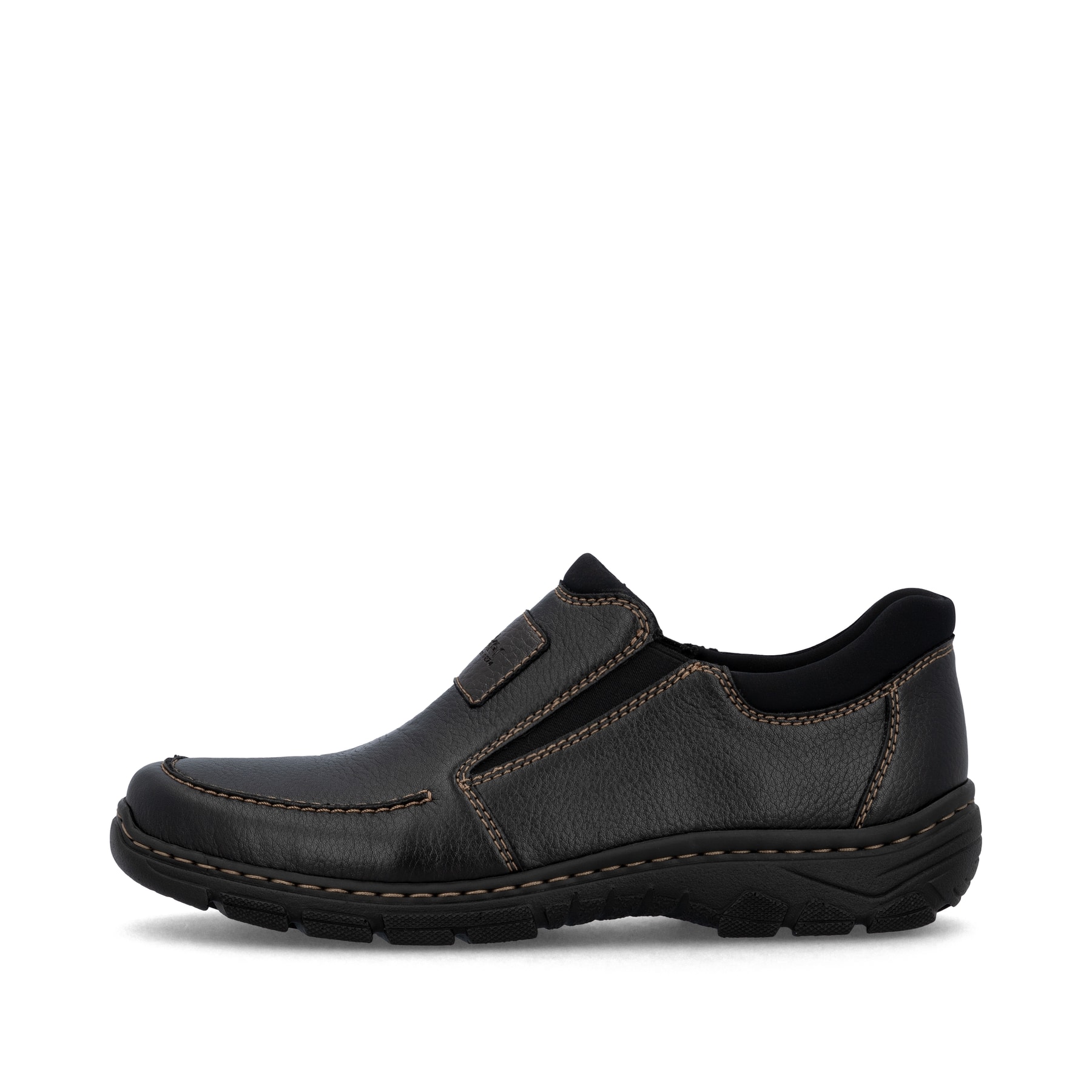 Mocassins Rieker noirs pour hommes 19961-03 avec bande élastique. Côté extérieur de la chaussure.