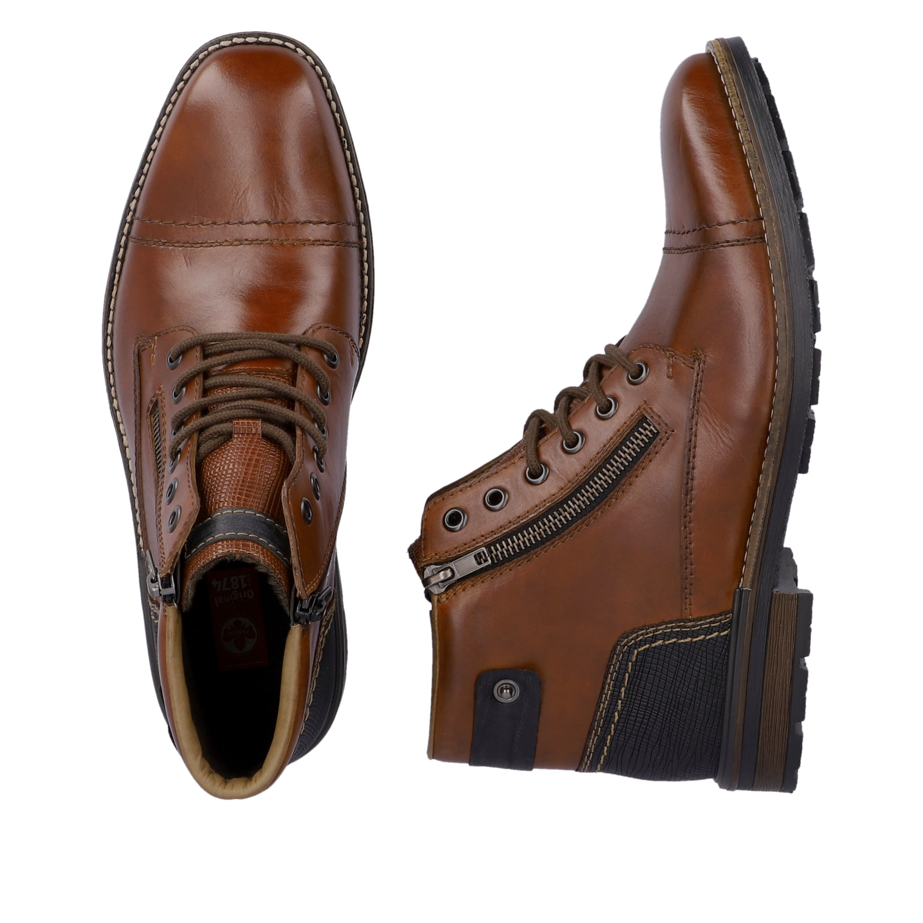 Braune Rieker Herren Schnürstiefel F1340-24 aus Glattleder mit schwarzen Details. Schuh von oben, liegend.