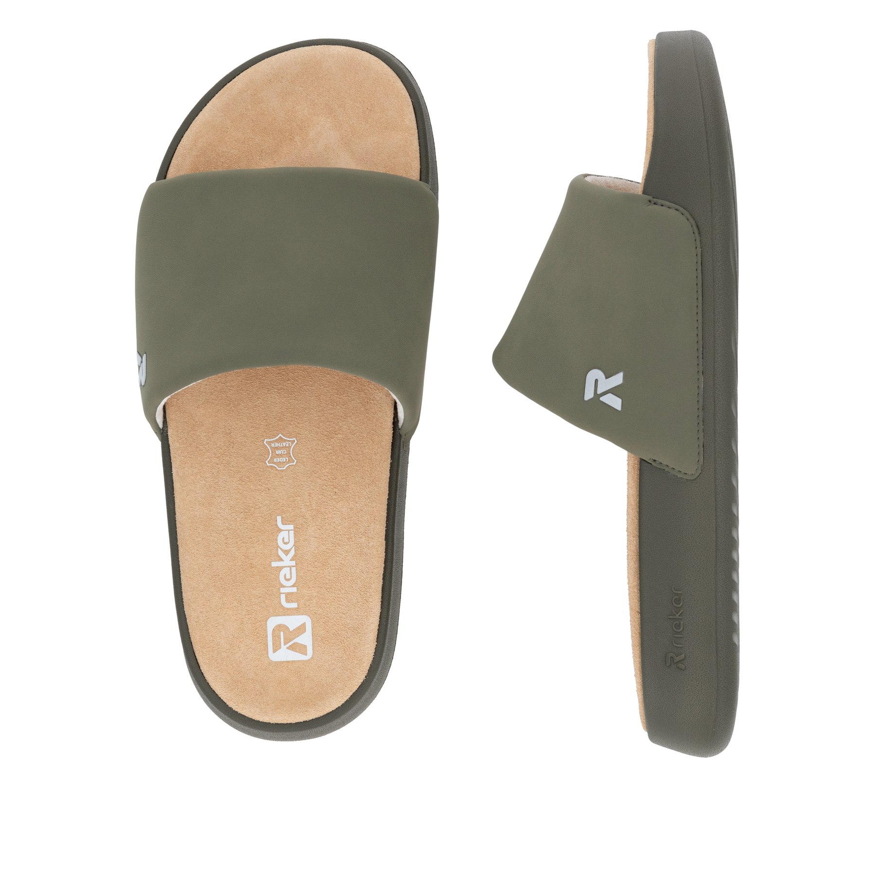 Grüne Rieker Herren Pantoletten U3250-54 mit flexibler und ultraleichter Sohle. Schuh von oben, liegend.